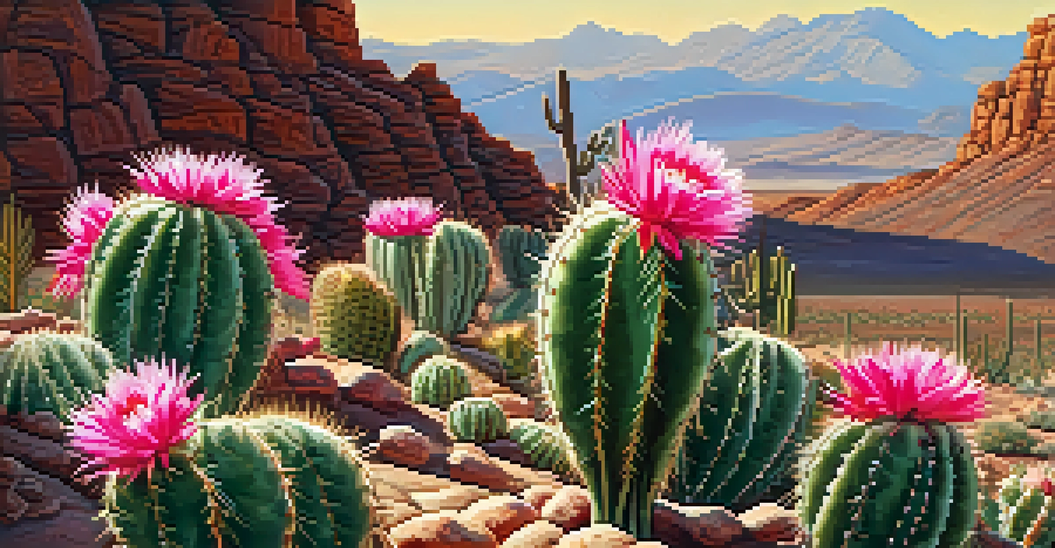 Close-up of a blooming peyote cactus in a desert setting, with pink flowers and natural surroundings.