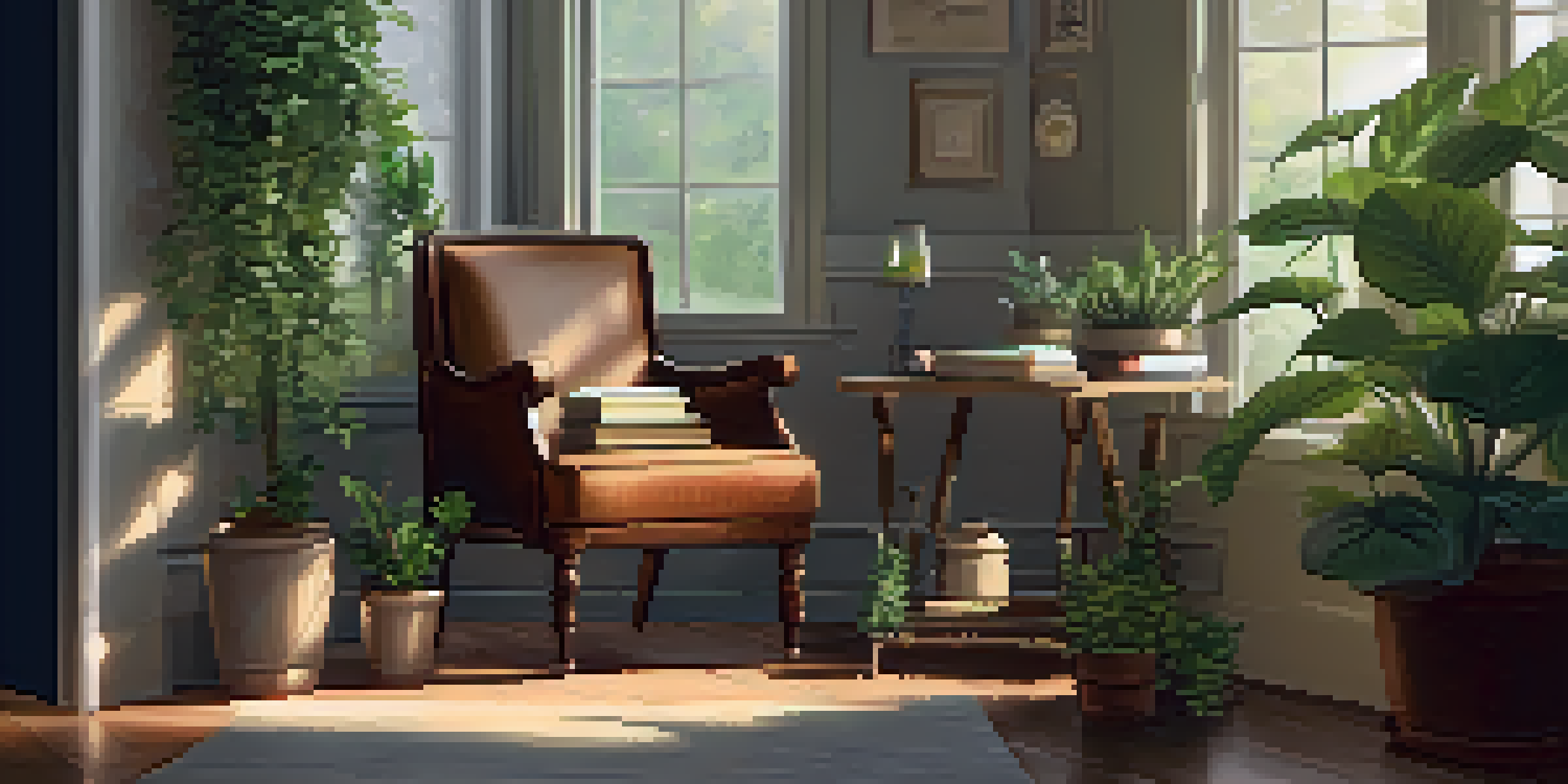 A cozy indoor space with a comfortable chair, plants, a candle, a journal, and a cup of herbal tea, creating a serene and inviting atmosphere.