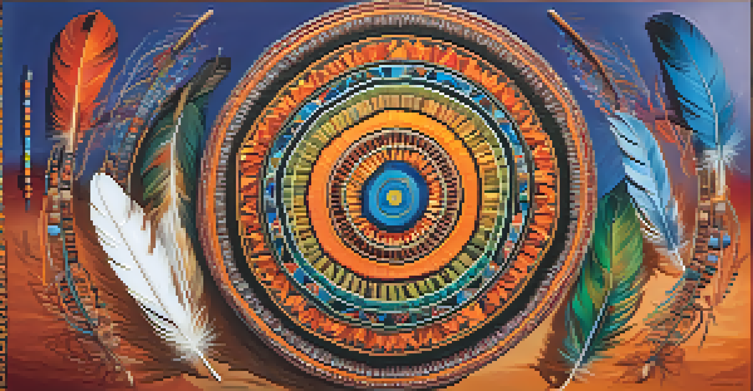 An artistic arrangement of feathers, a drum, and colorful patterns representing symbols in peyote rituals, arranged in a circular layout.