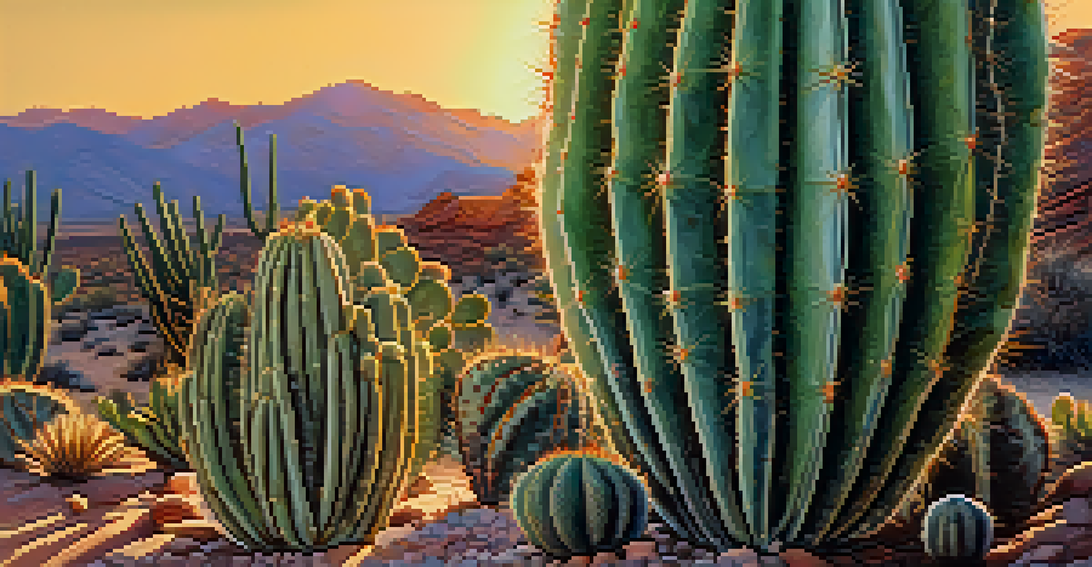 Close-up of peyote cacti in a desert at sunset, showing the plant's texture and vibrant colors.