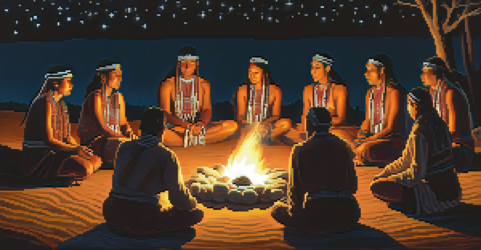 A Native American peyote ceremony at night, with participants around a glowing fire under a starry sky.