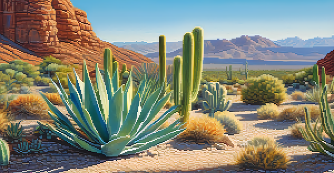 A small peyote cactus in a desert landscape with colorful flora and a bright blue sky.
