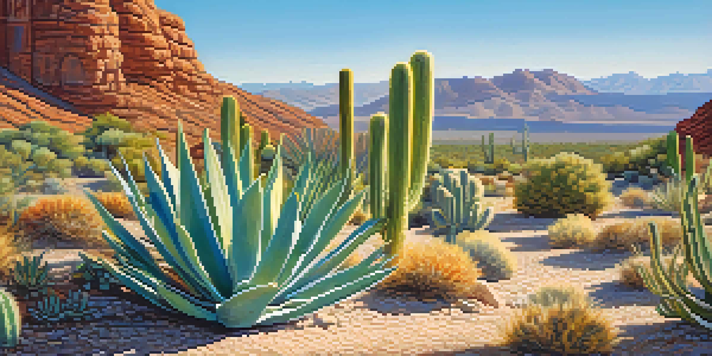 A small peyote cactus in a desert landscape with colorful flora and a bright blue sky.