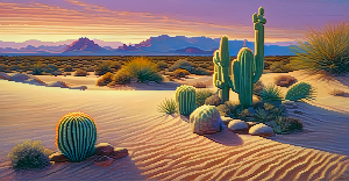 A close-up view of a peyote cactus in a desert landscape during sunset, with a colorful sky and soft sand dunes.