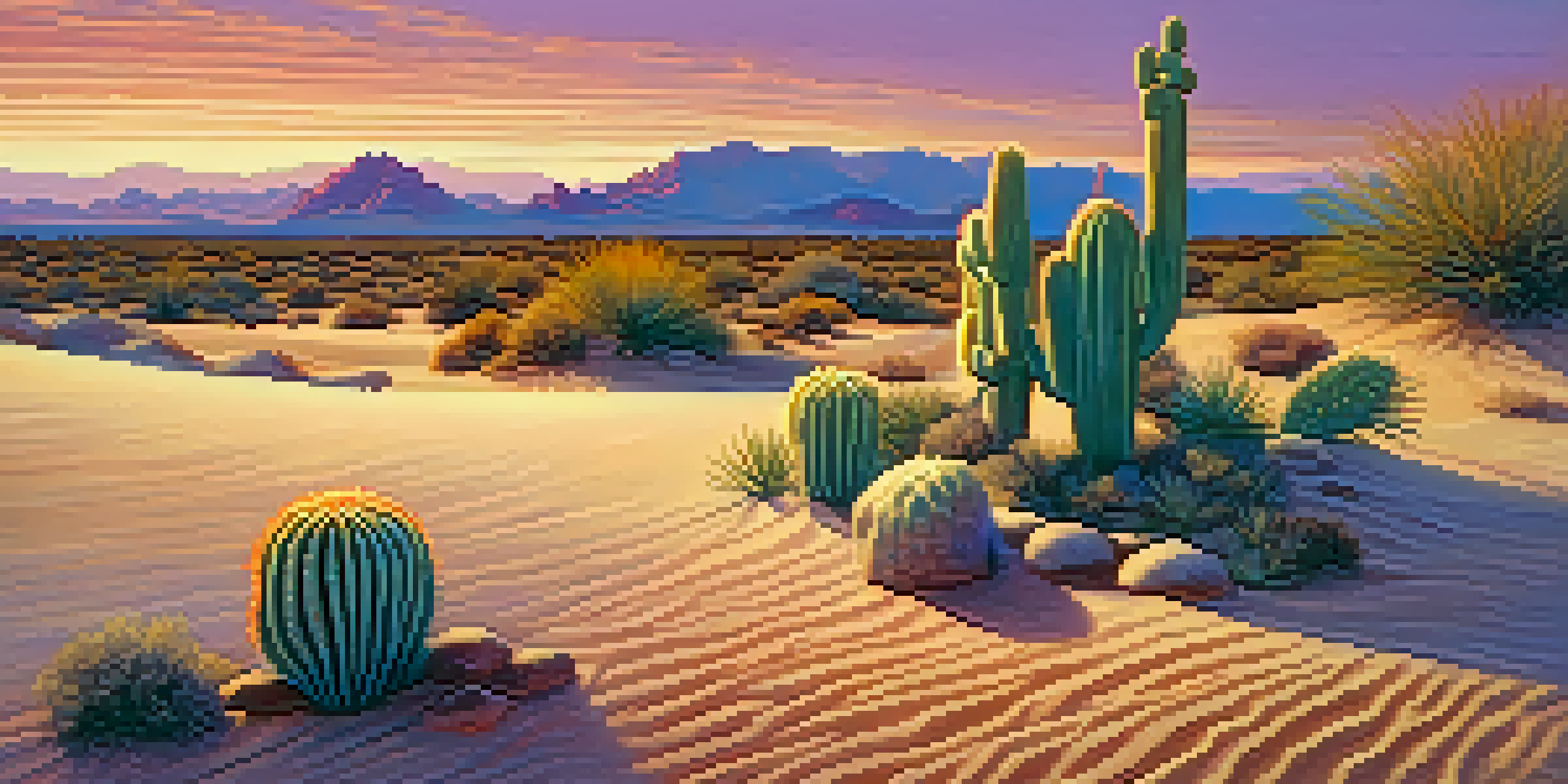 A close-up view of a peyote cactus in a desert landscape during sunset, with a colorful sky and soft sand dunes.