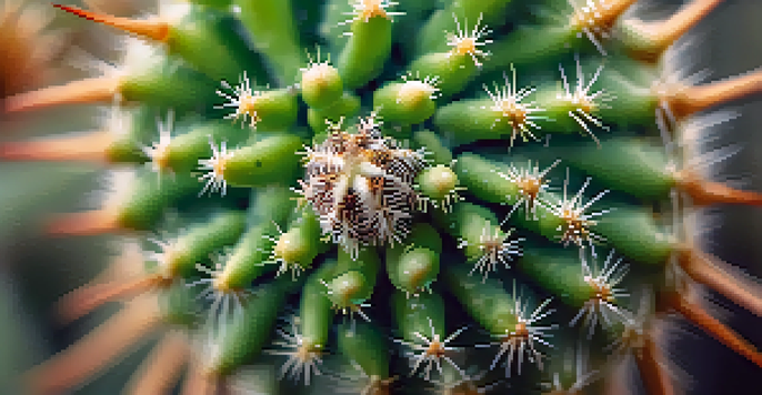 A detailed close-up of a peyote cactus with spines and dew drops in morning light, against a blurred desert background.