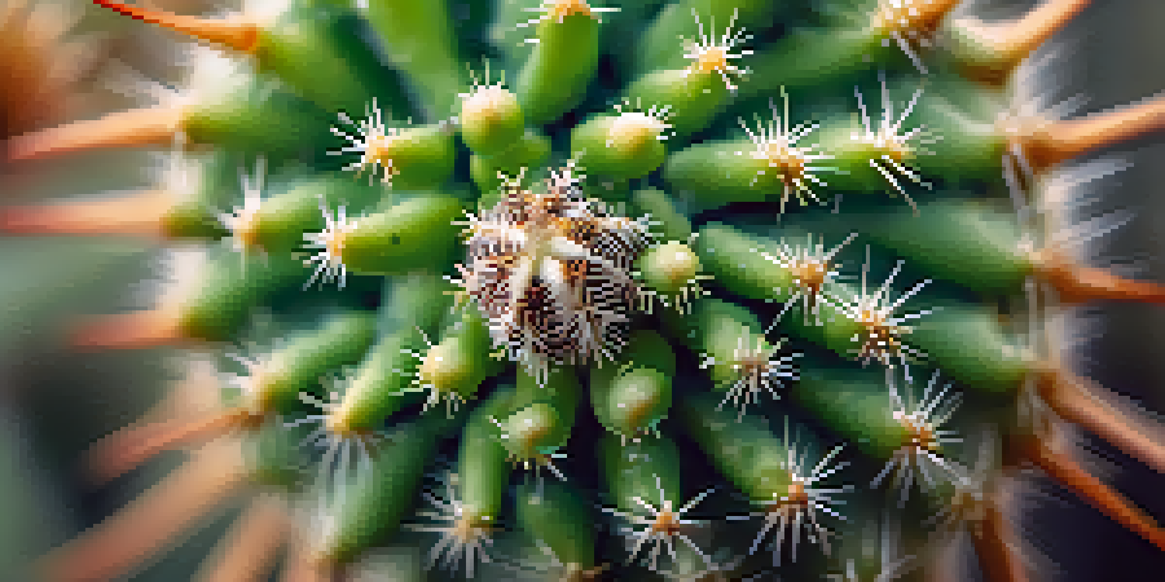 A detailed close-up of a peyote cactus with spines and dew drops in morning light, against a blurred desert background.