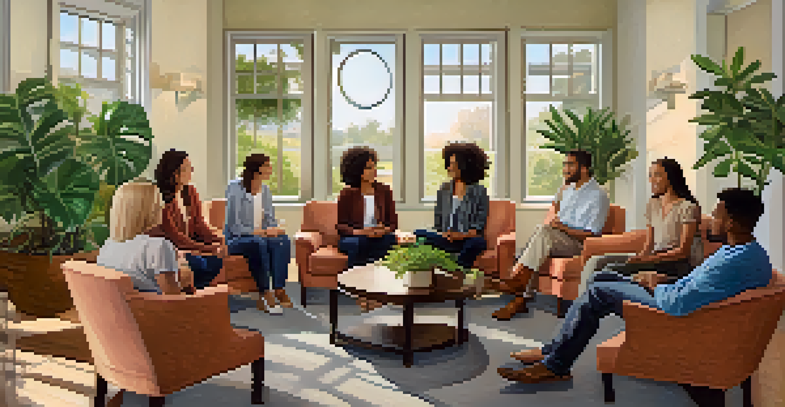 A cozy group therapy session with people seated in a circle, engaged in supportive conversation in a warmly lit room.