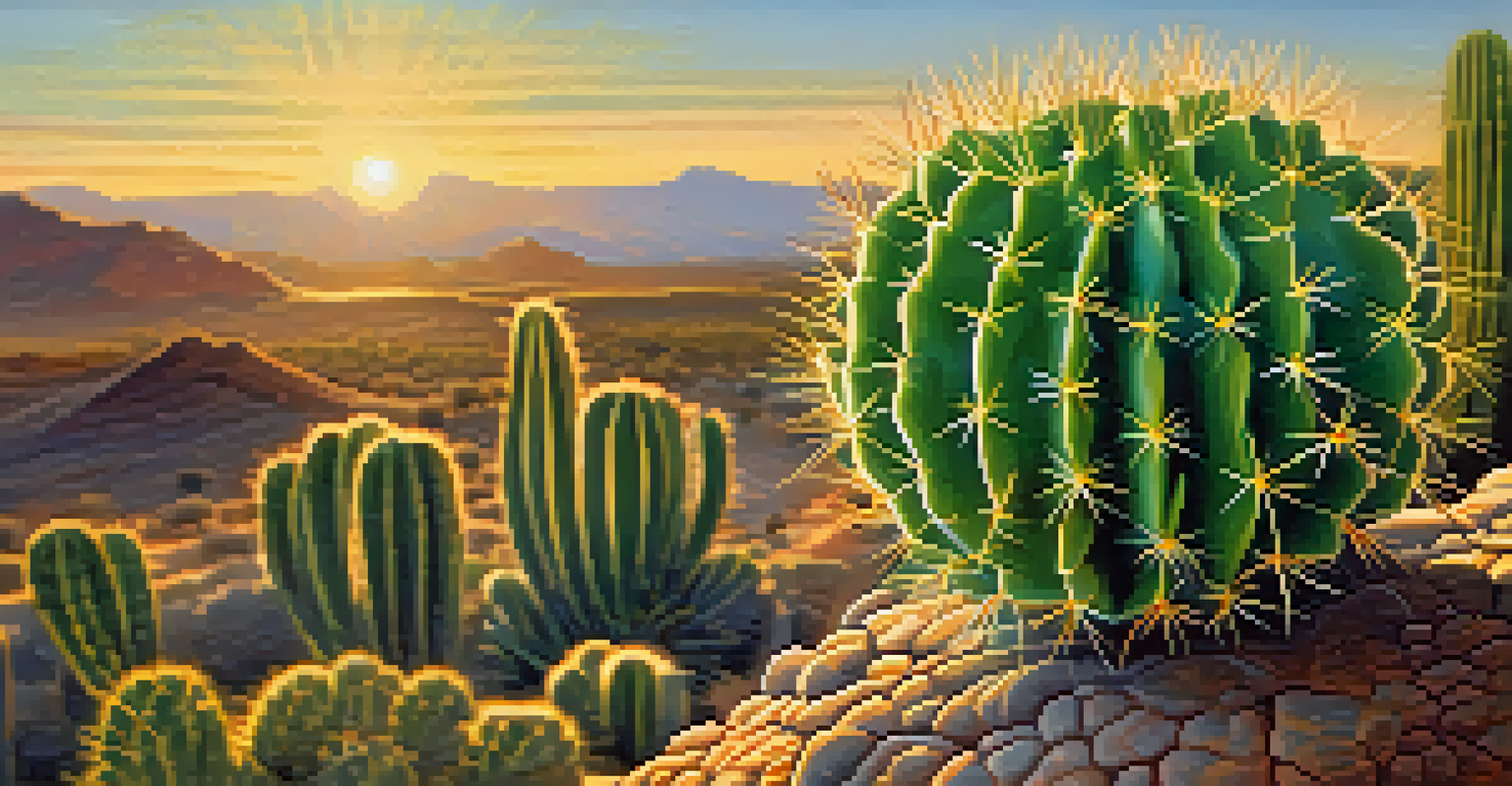 Close-up view of a peyote cactus with intricate textures, illuminated by golden sunlight against a blurred desert background.