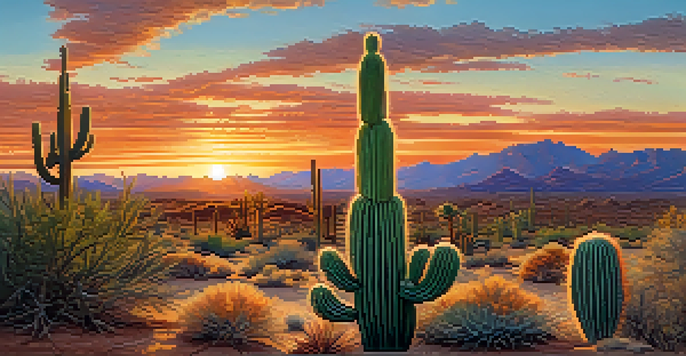 A peaceful desert landscape with a peyote cactus surrounded by green plants under a sunset sky.