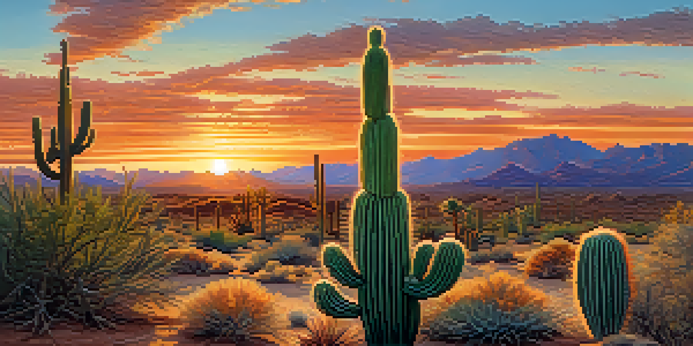 A peaceful desert landscape with a peyote cactus surrounded by green plants under a sunset sky.