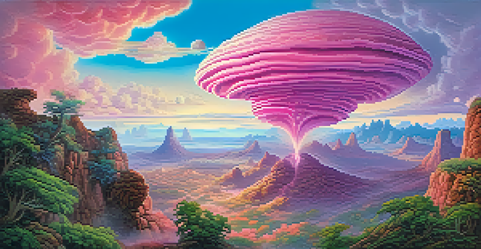 A colorful landscape showcasing surreal rock formations and swirling skies, inspired by spiritual experiences.