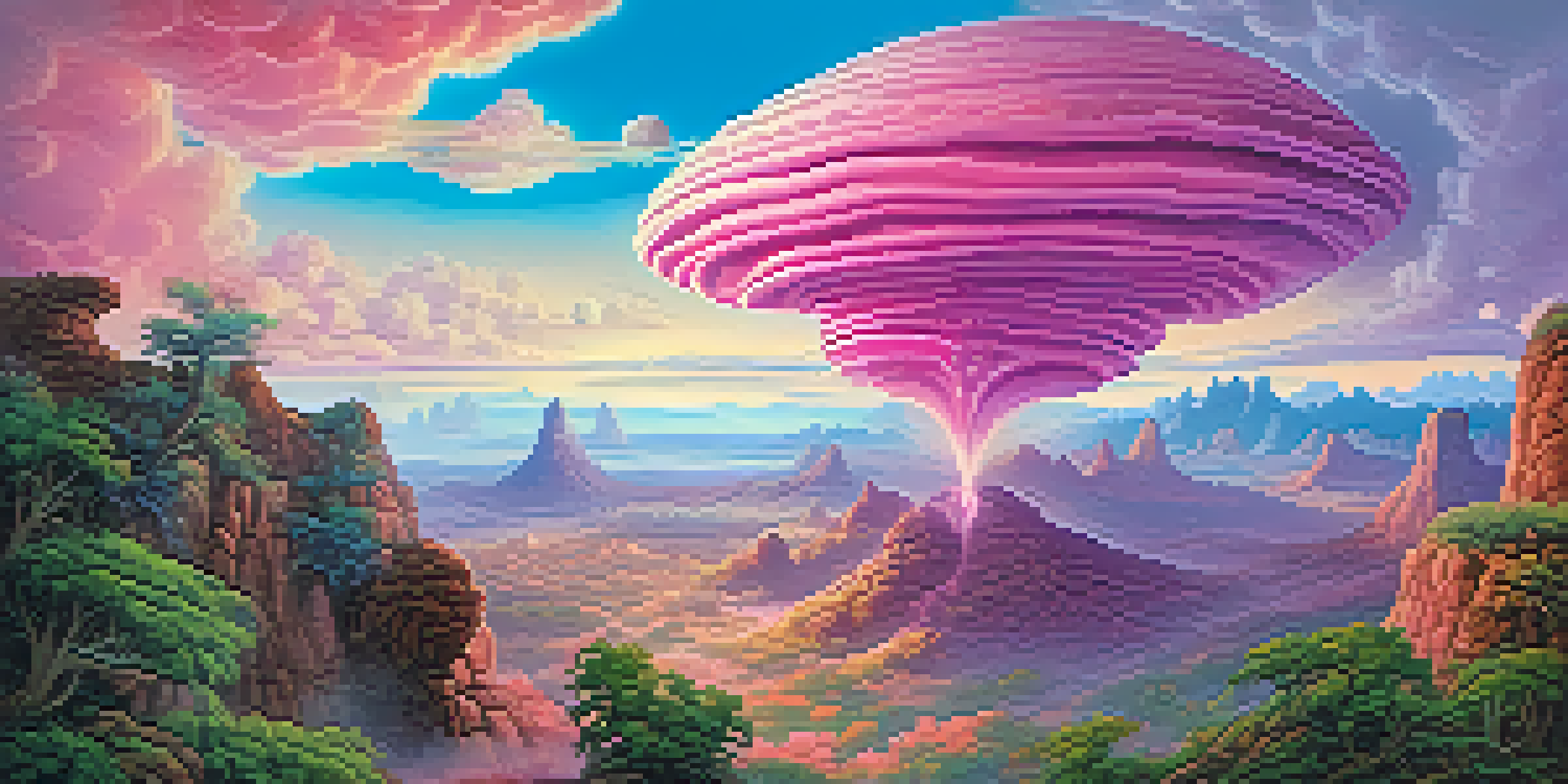 A colorful landscape showcasing surreal rock formations and swirling skies, inspired by spiritual experiences.