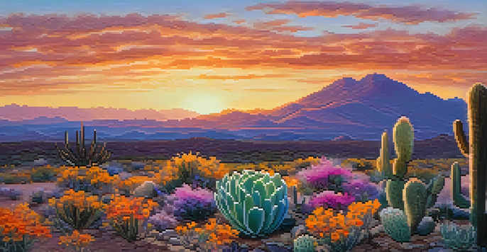 A desert scene at sunset with a small peyote cactus surrounded by colorful wildflowers under a beautifully colored sky.