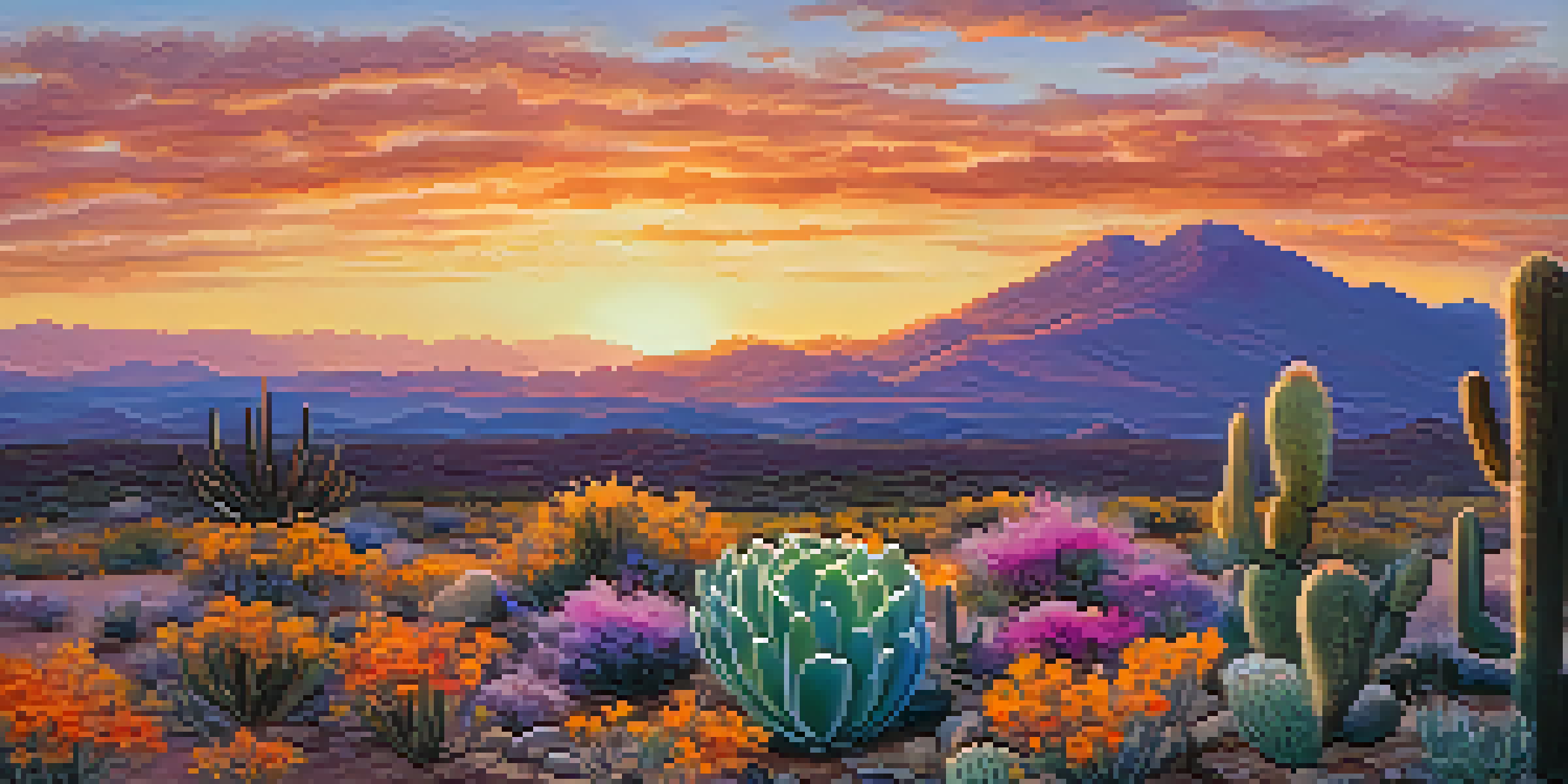 A desert scene at sunset with a small peyote cactus surrounded by colorful wildflowers under a beautifully colored sky.