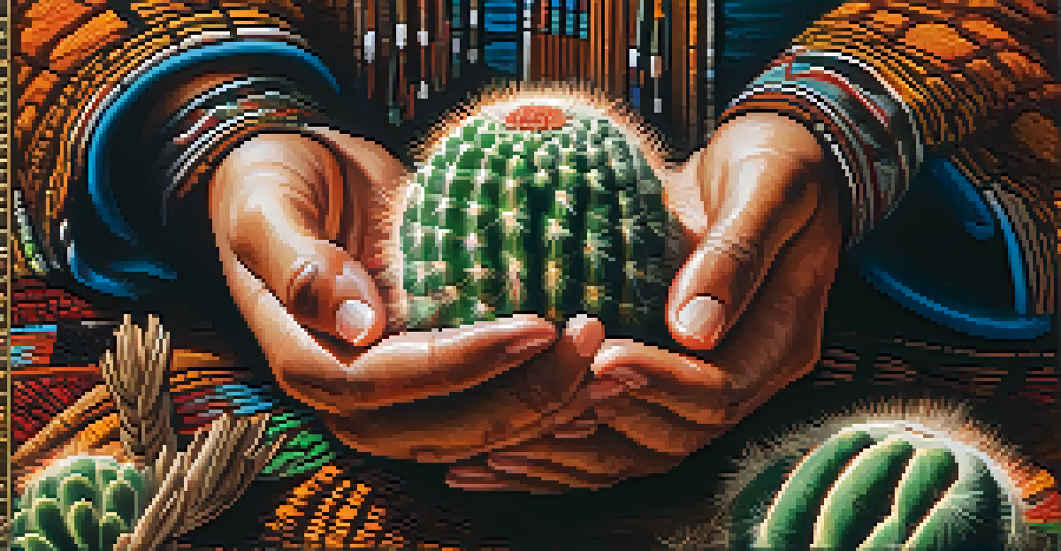 A close-up image of hands holding a peyote cactus, with traditional artifacts blurred in the background.