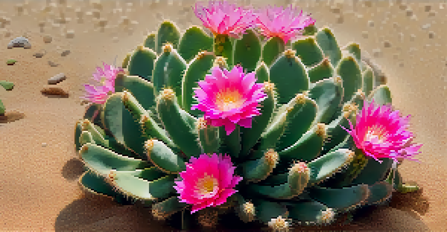A close-up view of a peyote cactus with pink flowers against a blurred sandy background.