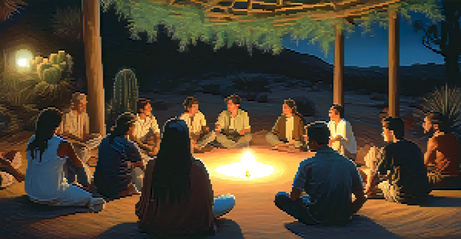 A gathering of people sitting in a circle around a peyote cactus, illuminated by warm lantern light, reflecting a sense of community.