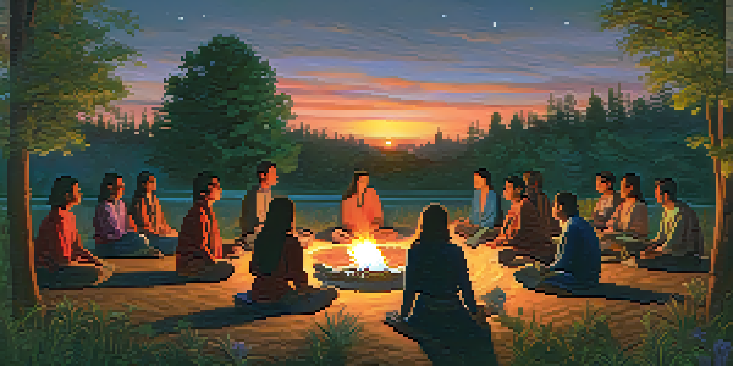 A peaceful peyote ceremony in nature, with participants in a circle around a fire, surrounded by greenery and wildflowers, engaged in deep introspection.