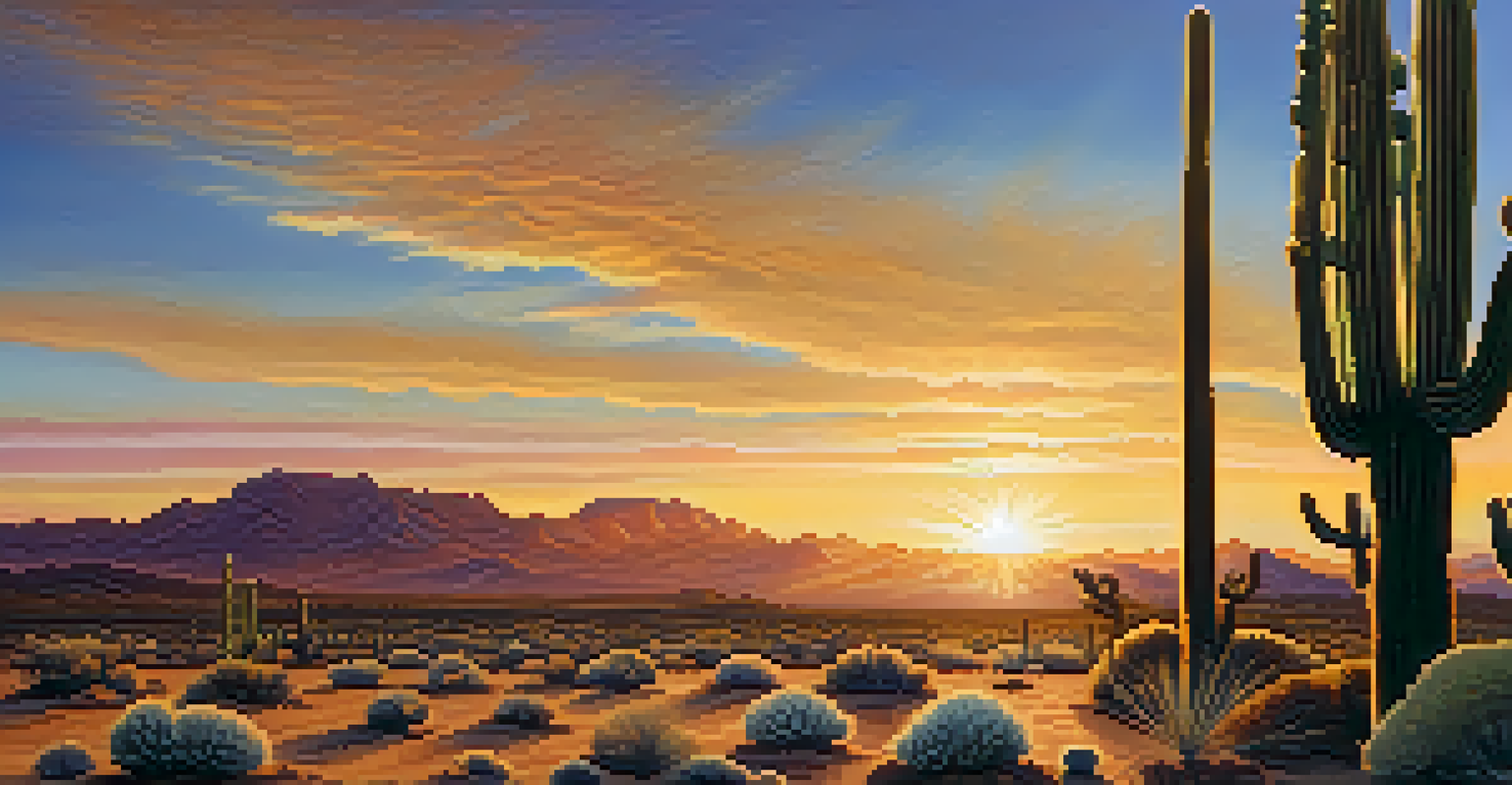 A southwestern landscape at sunset, featuring a Peyote cactus in the foreground with a golden sky and illuminated desert scenery.
