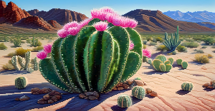 A close-up of a peyote cactus with pink flowers in a desert landscape, with sunlight highlighting its textures.