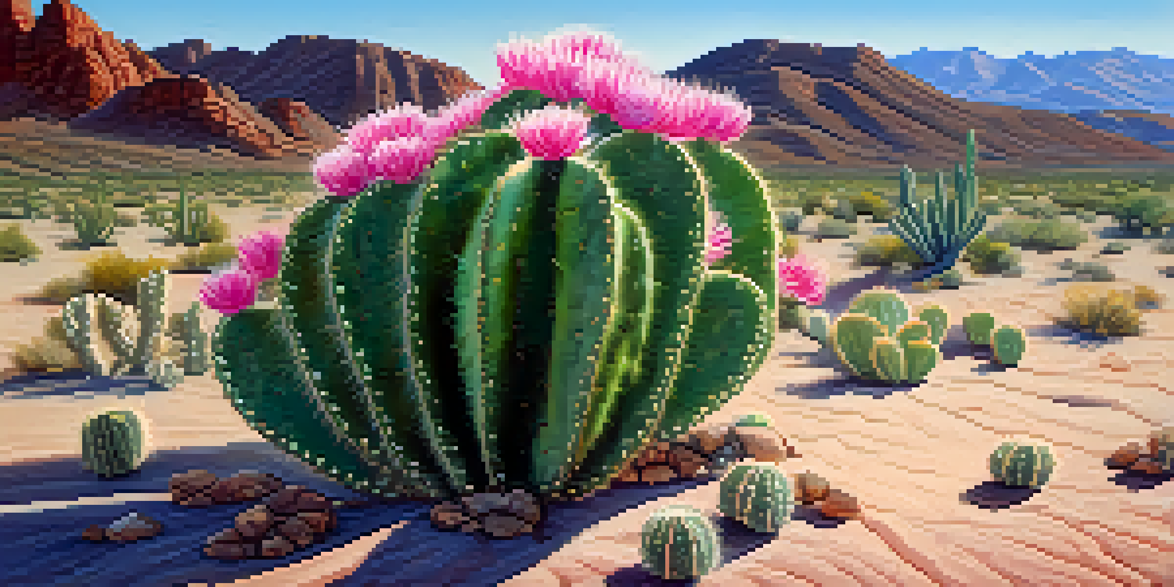 A close-up of a peyote cactus with pink flowers in a desert landscape, with sunlight highlighting its textures.