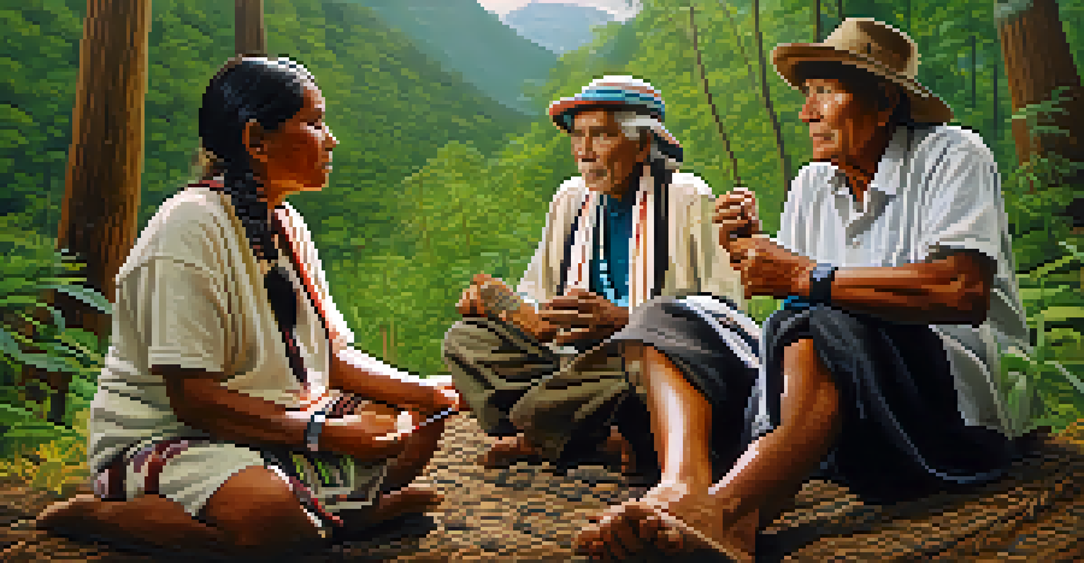 An Indigenous elder sharing stories with younger community members in a forest, holding a peyote cactus as a symbol of cultural heritage.