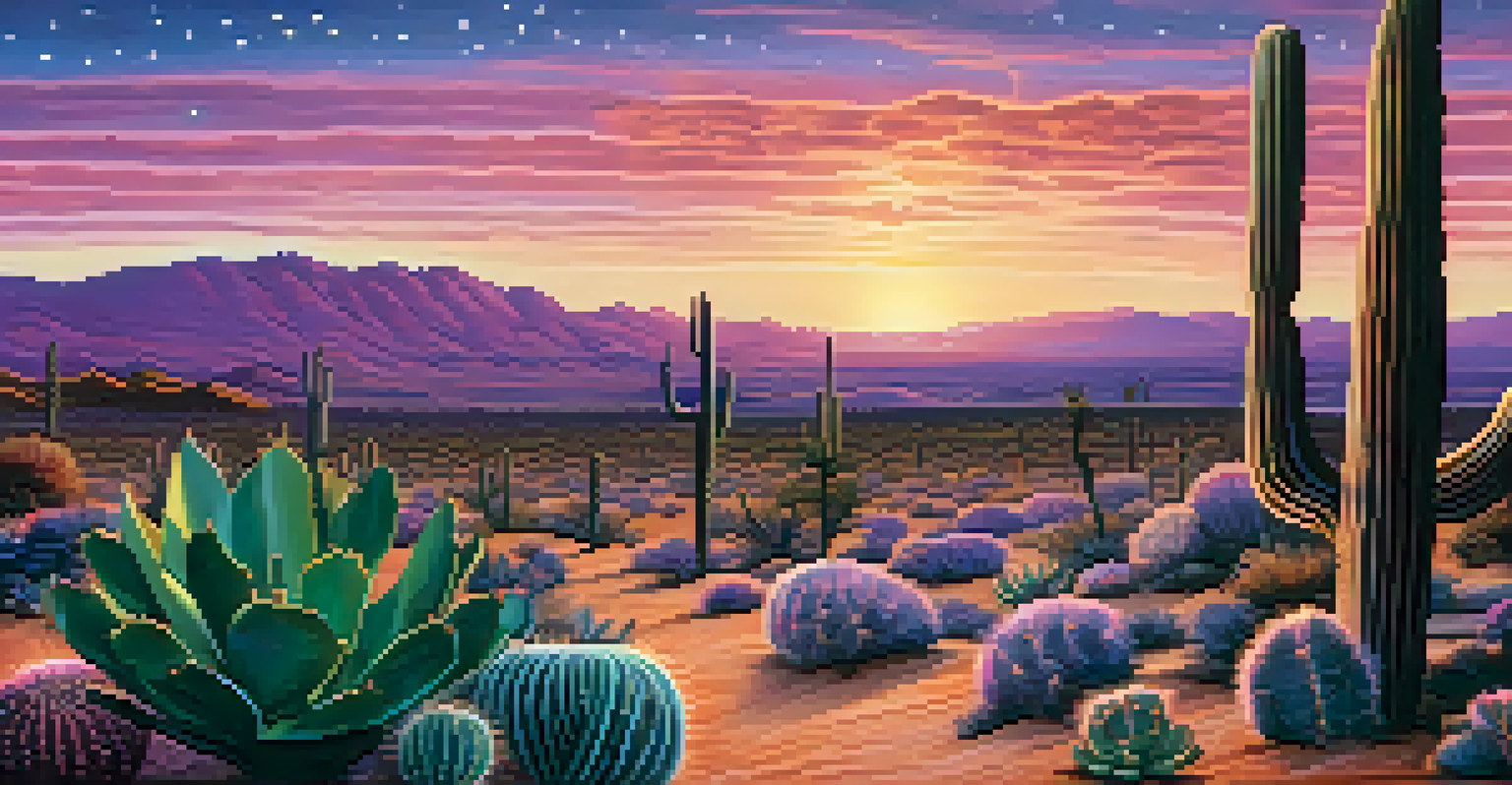 A desert landscape at dusk with silhouettes of peyote cacti against a colorful sunset.