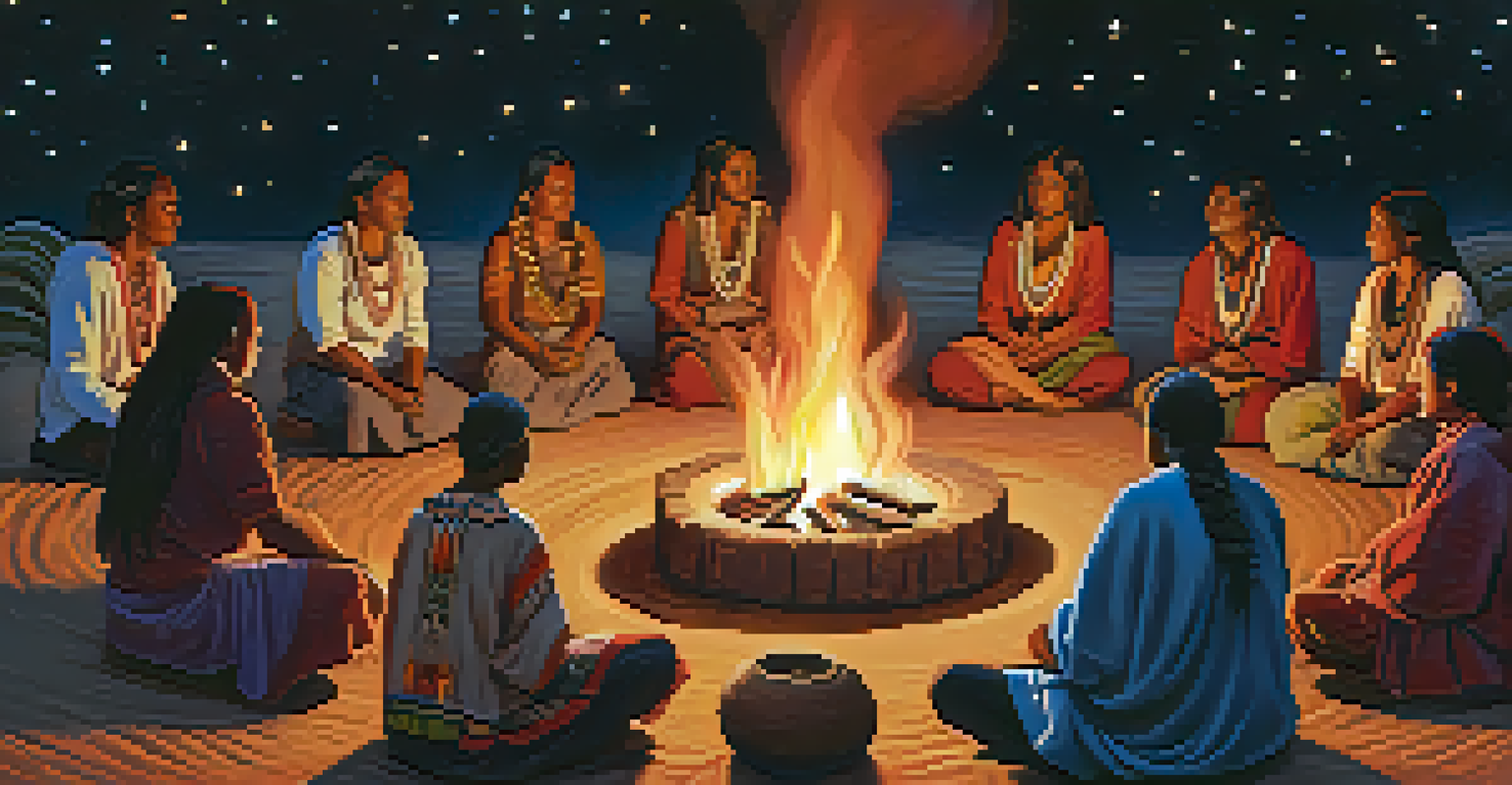 A warm gathering of people in a circle around a fire during a traditional Indigenous ceremony at night.