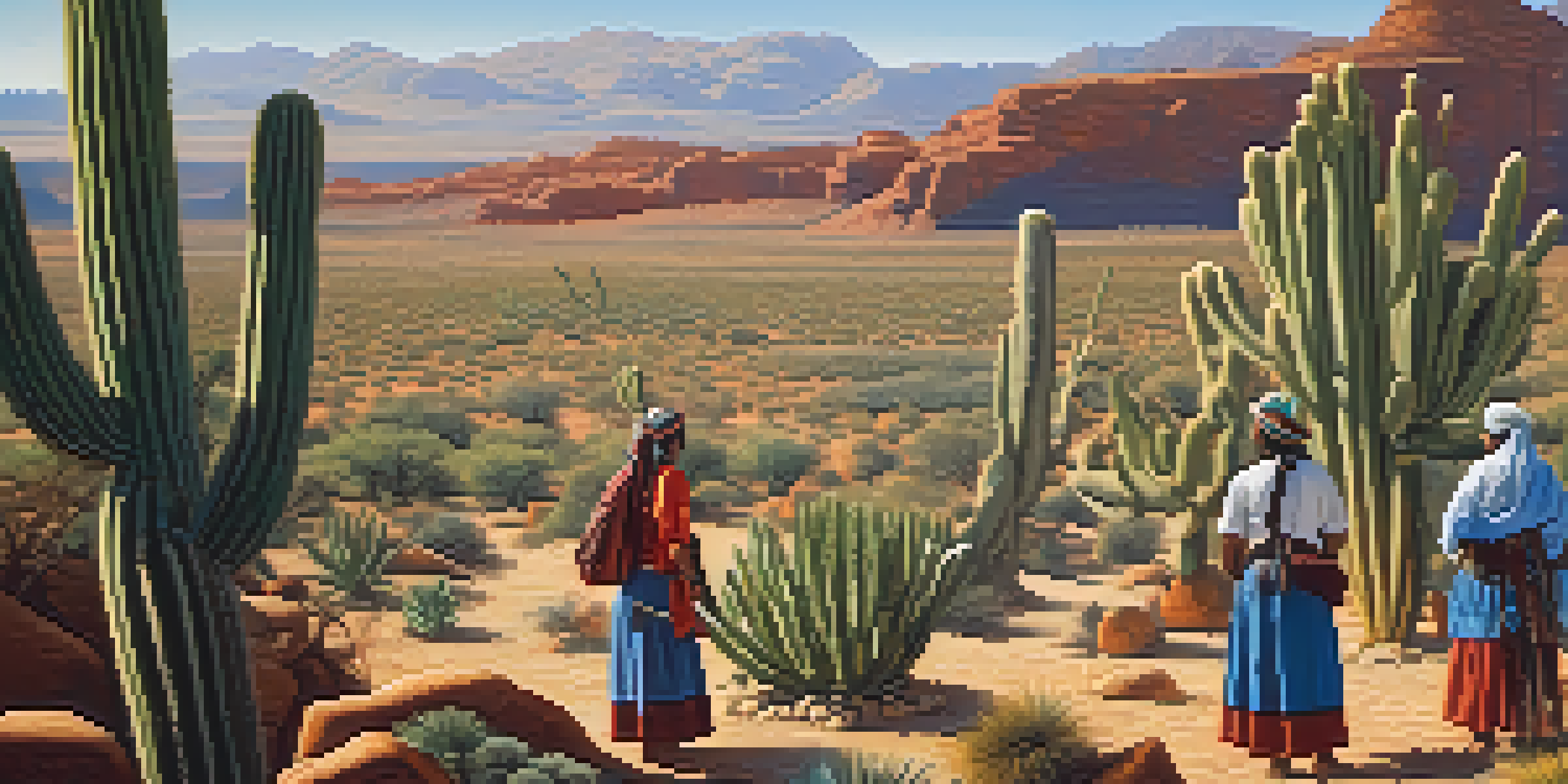 Indigenous individuals harvesting peyote cacti in a sunlit desert landscape, showcasing cultural significance and natural beauty.