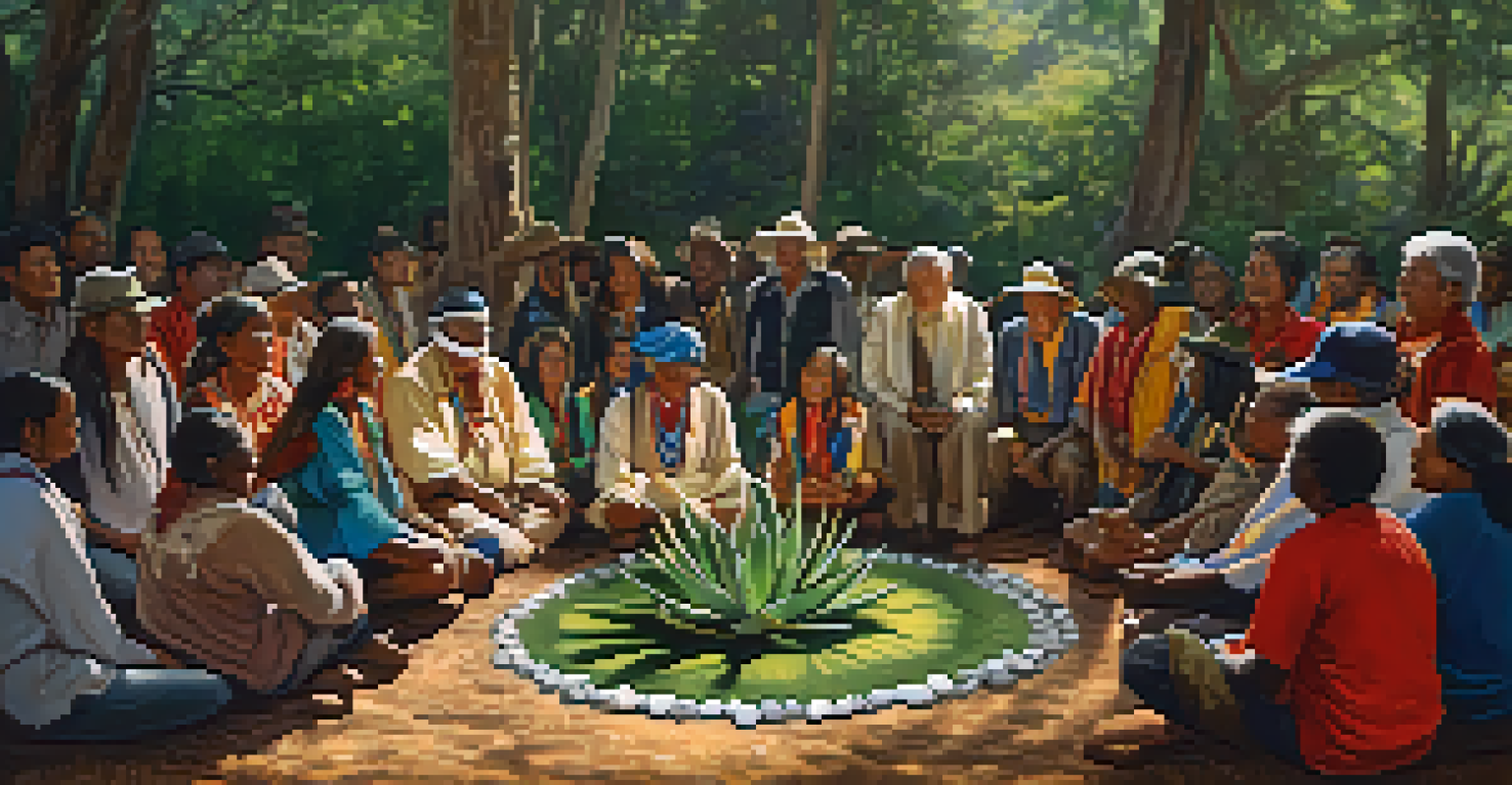 An Indigenous elder conducting a healing ceremony with peyote cactus in a forest, surrounded by community members.