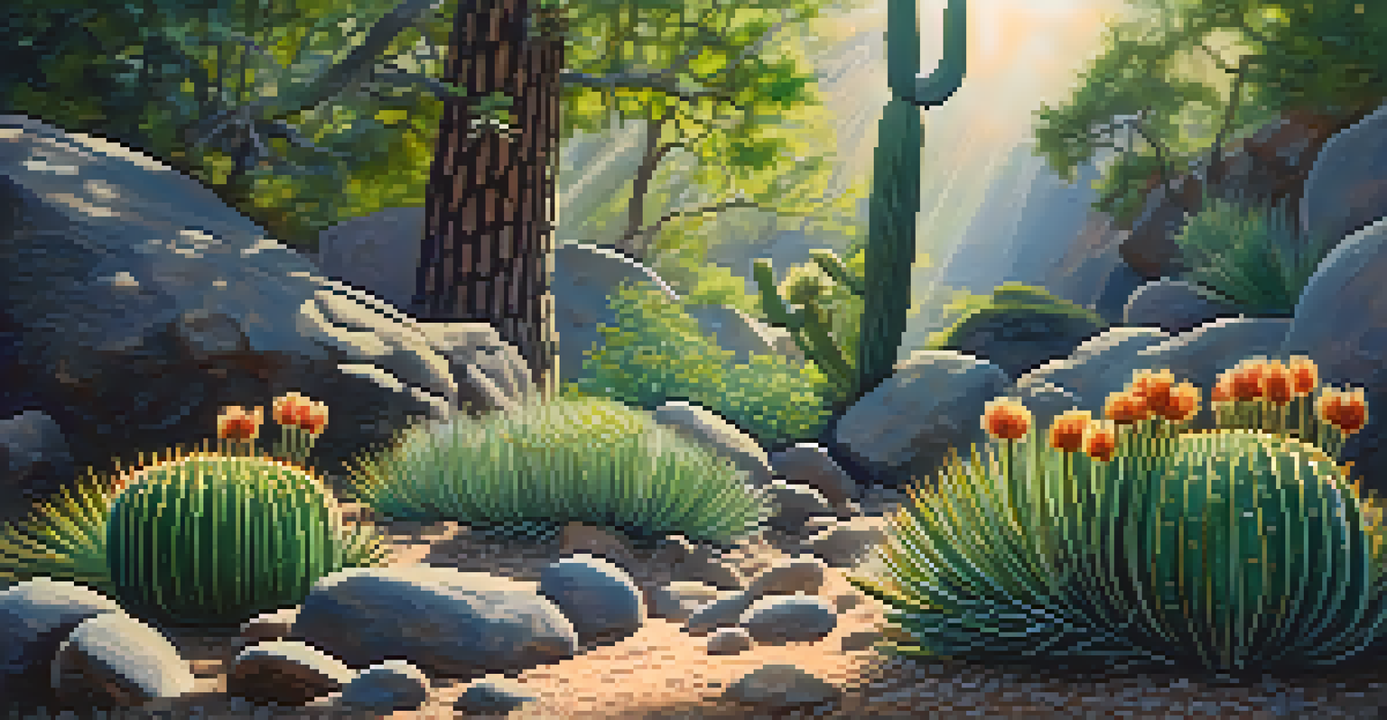 A tranquil forest scene showcasing peyote cacti with sunlight filtering through the trees and surrounding greenery.