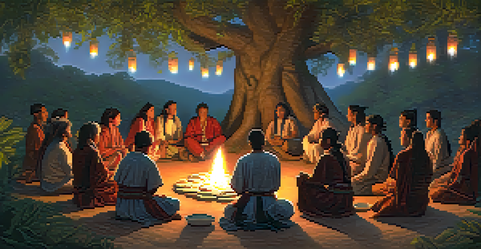 A group of people participating in a peyote ceremony under a large tree, with candles and a fire in the center.