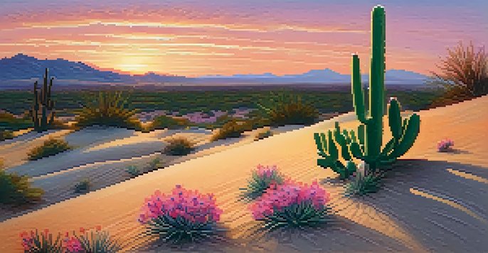 A close-up of a peyote cactus in a desert landscape during sunset, with vibrant colors in the sky and sand dunes in the background.