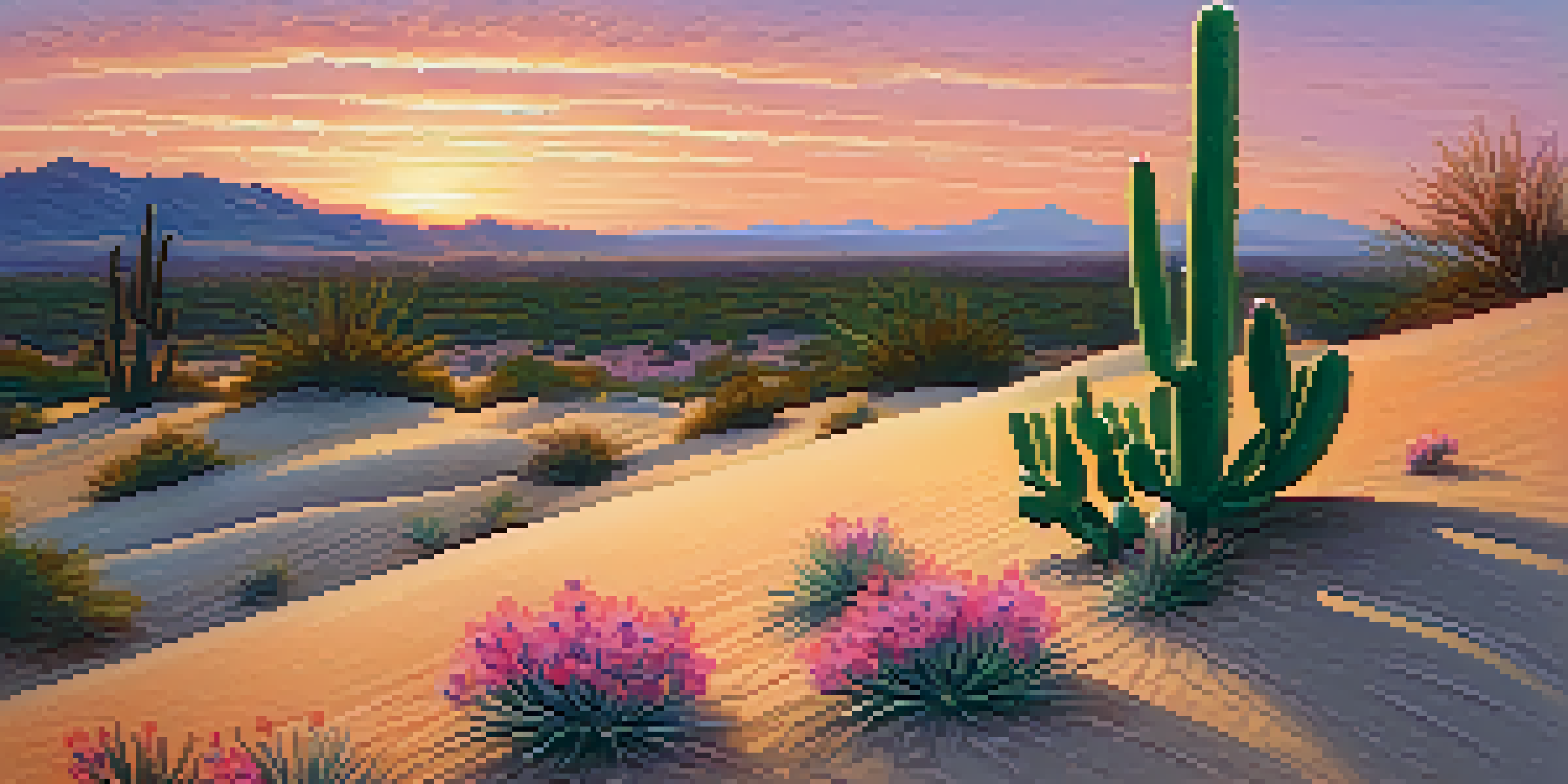 A close-up of a peyote cactus in a desert landscape during sunset, with vibrant colors in the sky and sand dunes in the background.
