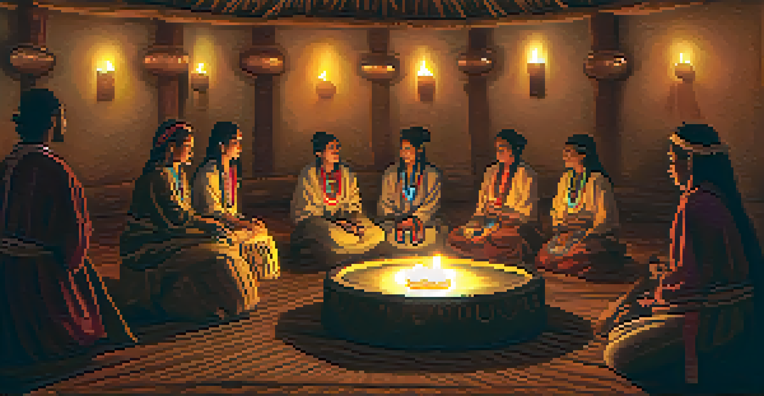 Participants seated in a circle during a peyote ceremony, illuminated by soft candlelight with traditional items around.