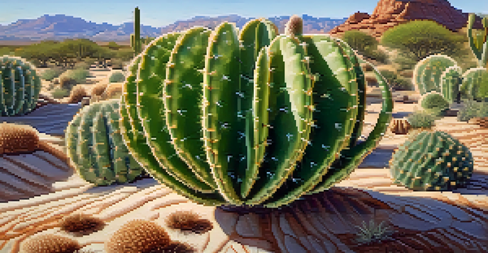 A close-up view of a Peyote cactus with a soft green texture, surrounded by sandy desert landscape and small plants, illuminated by sunlight.