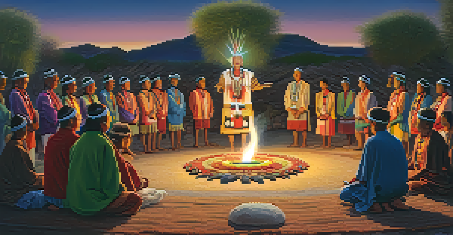 An elder in traditional attire leading a peyote ceremony, surrounded by participants and colorful decorations in a twilight setting.