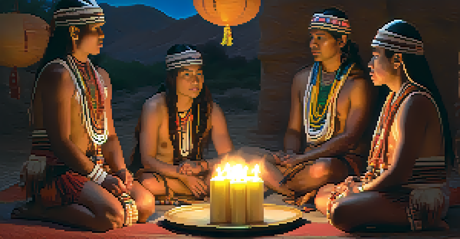 A group of indigenous individuals in a ceremonial setting with colorful decorations and warm candlelight creating a spiritual atmosphere.