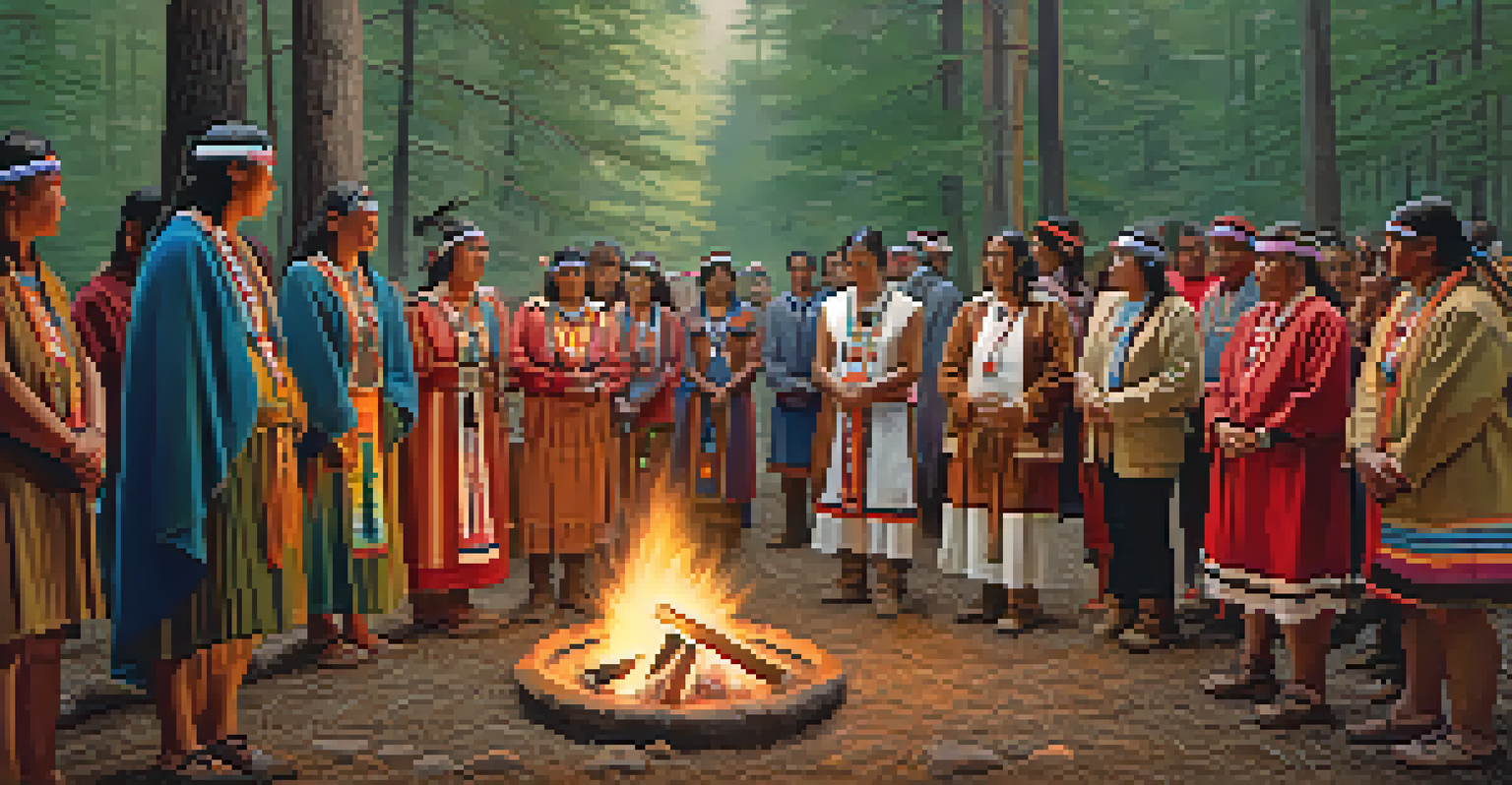 A group of Native Americans in traditional clothing gathered around a fire in a forest, participating in a spiritual ceremony.
