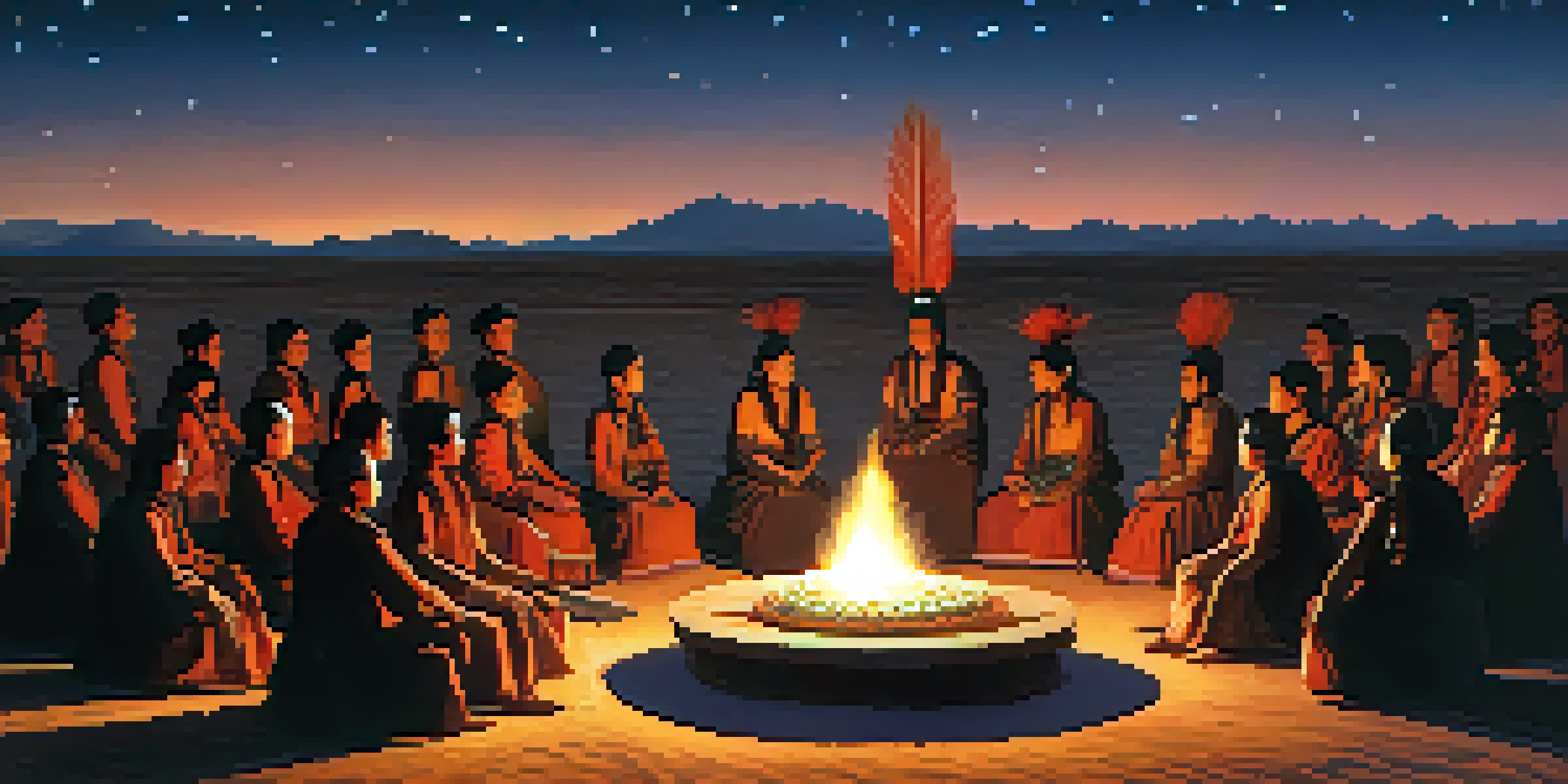 A group of people in traditional attire participating in a peyote ceremony at dusk, arranged in a circle around a fire, with a desert landscape and stars in the background.