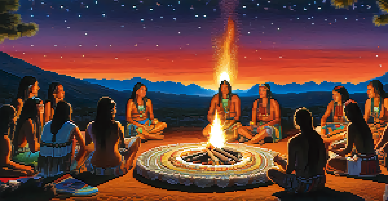 A group of people participating in a Native American ceremony around a fire at night, with colorful textiles and a starry sky.