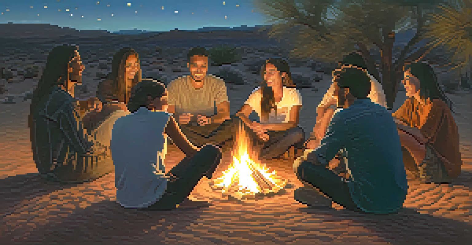 A group of friends gathered around a fire in the desert, sharing stories under a starlit sky.