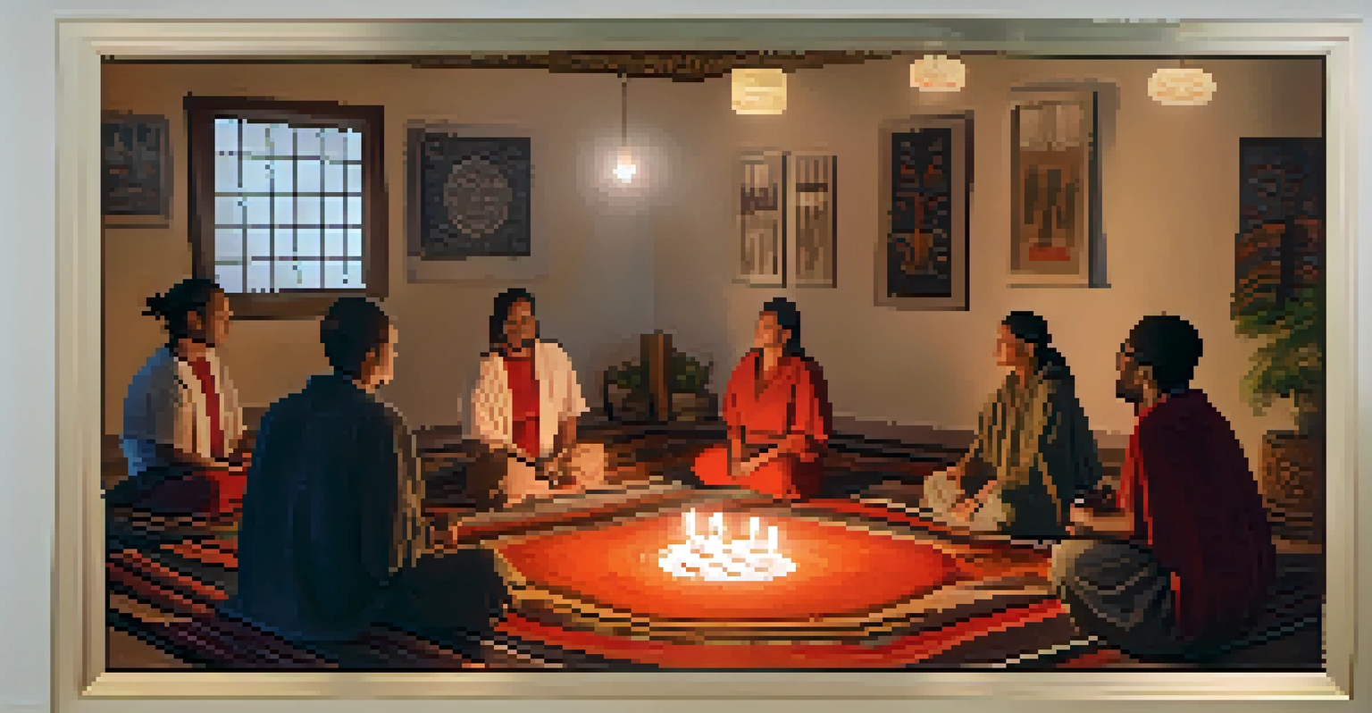 A healing ceremony with participants sitting in a circle in a candlelit room, led by a shaman.