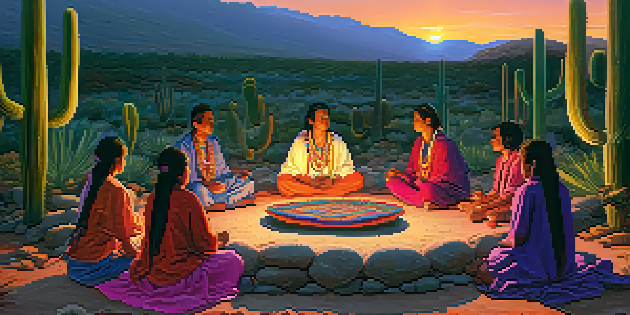 Indigenous people participating in a peyote ceremony, surrounded by nature, with a colorful sunset in the background.