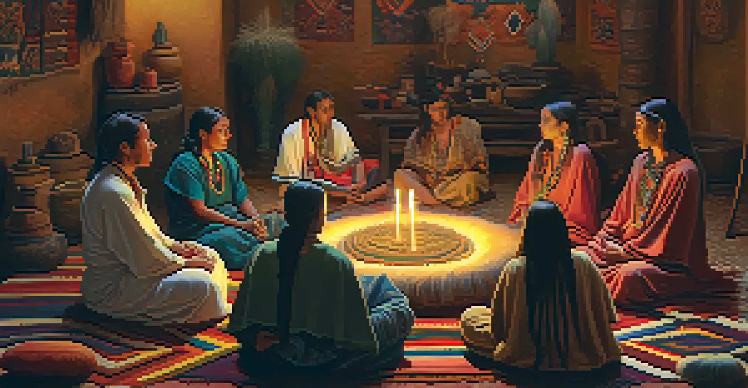 A group of people in a circle during a peyote ritual, with a cactus at the center and candles lit around them.