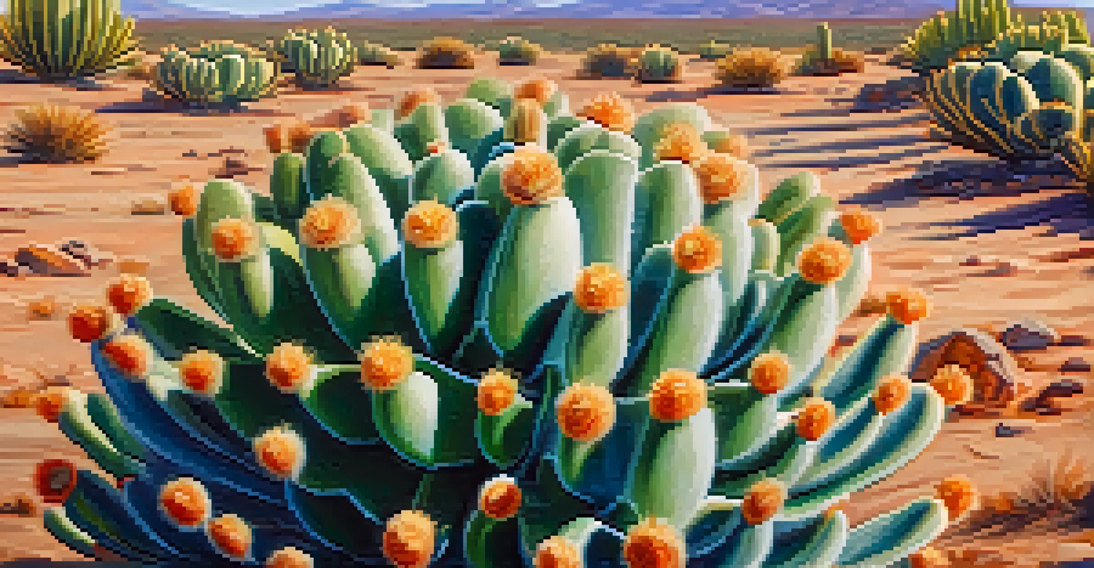 A detailed close-up of a peyote cactus, showcasing its texture and colors against a blurred desert backdrop.