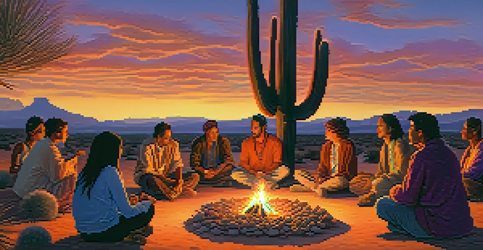 A peaceful gathering for a peyote ceremony at sunset in the desert, with participants sharing stories around a fire.