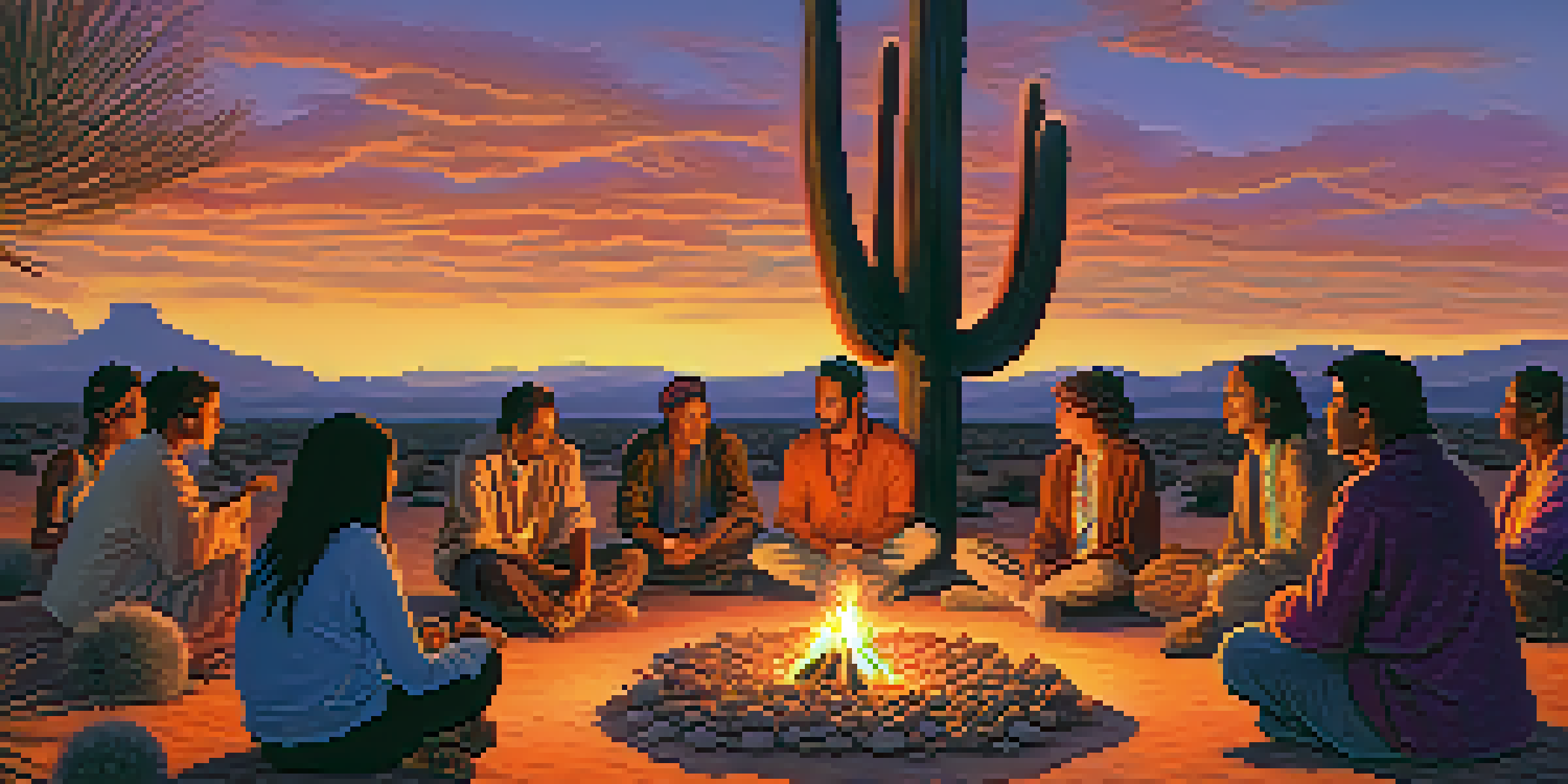 A peaceful gathering for a peyote ceremony at sunset in the desert, with participants sharing stories around a fire.