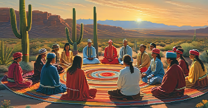 Participants in a peyote ceremony meditating in a circle outdoors, surrounded by desert cacti and wildflowers, during sunset.